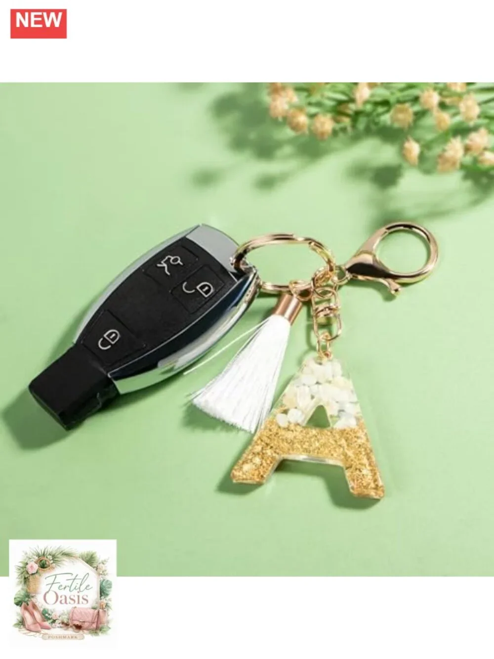 Cute Beige Initial Letter Keychain with White Tassel Charm for Handbags